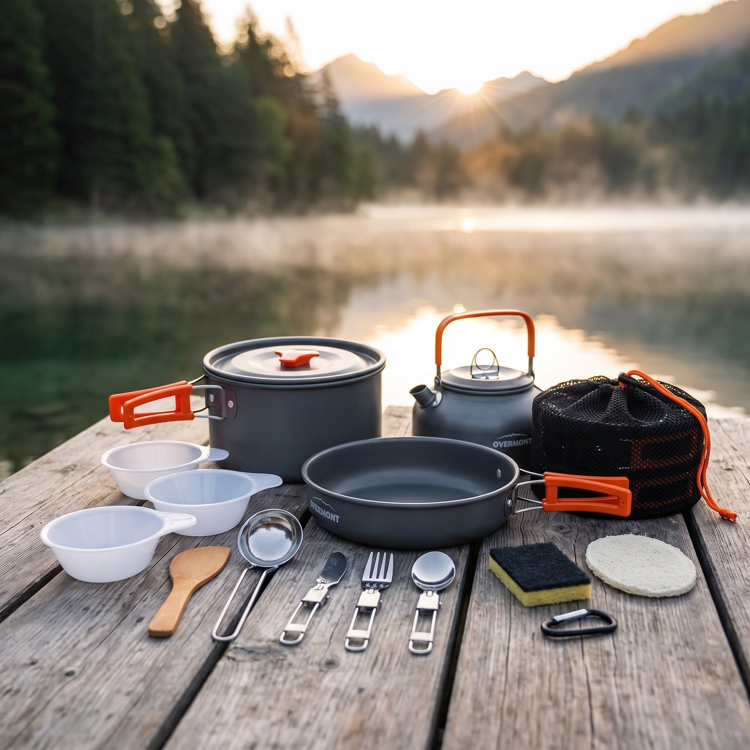 Popote Overmont 14 pièces sur une table en bois au bord dun lac de montagne au lever du jour