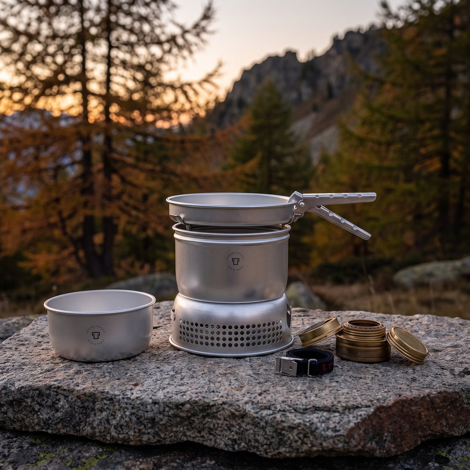 Réchaud Trangia 27 monté sur une dalle de granit, casserole et brûleur à alcool à côté, au crépuscule