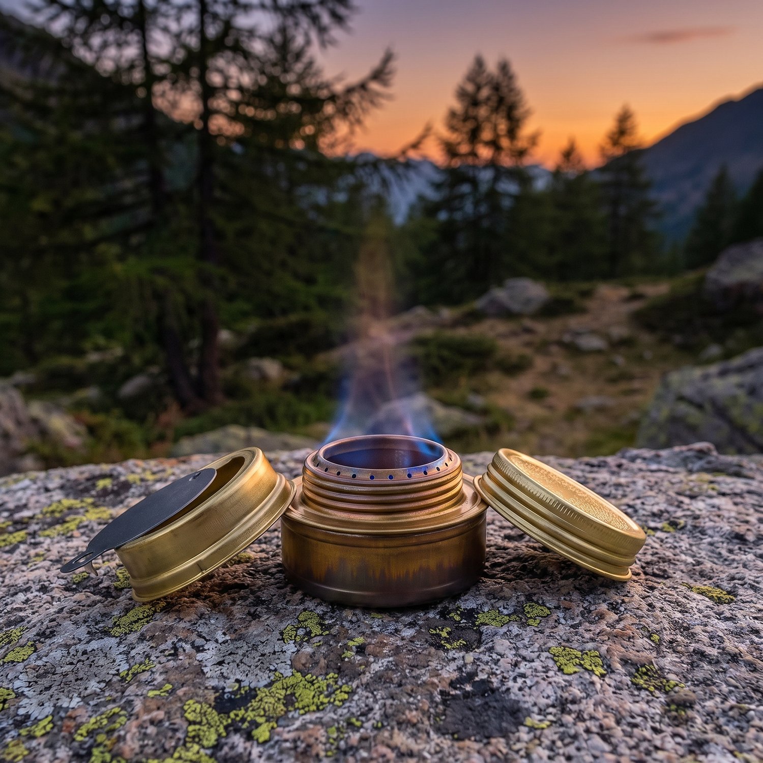 Brûleur à alcool Trangia en laiton allumé sur un rocher de granit, flamme bleue au crépuscule