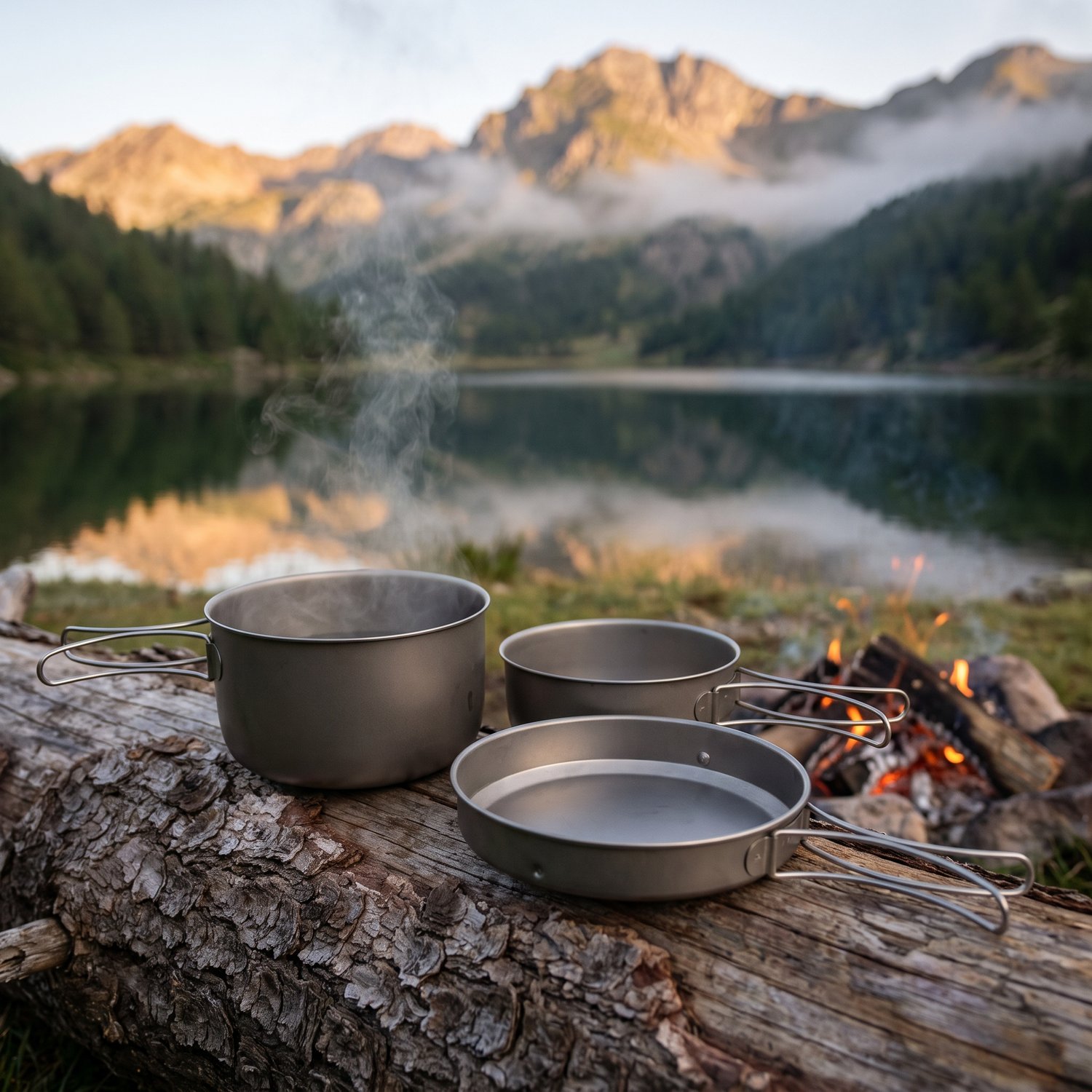 Ensemble popote en titane Snow Peak, deux casseroles et une poêle sur un rondin près dun lac