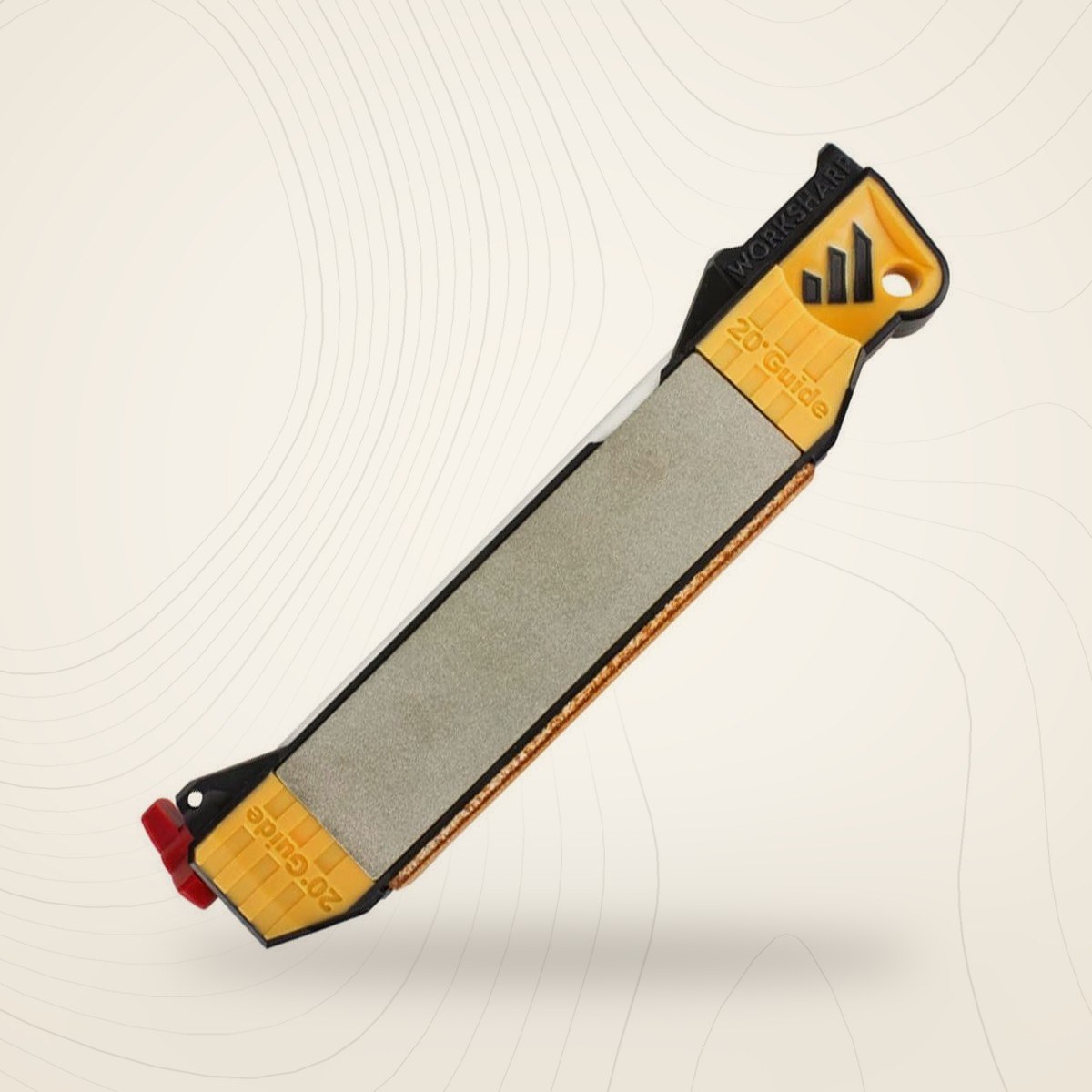 Aiguiseur Work Sharp Guided Field Sharpener jaune et noir, plaque diamantée et guides dangle 20°, sur fond lin