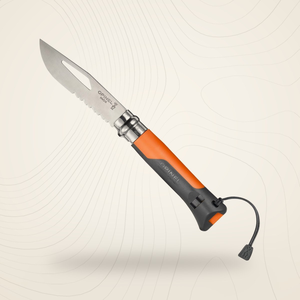 Couteau Opinel N°8 Outdoor ouvert, manche anthracite et orange, lame inox à zone crantée et cordon, sur fond lin