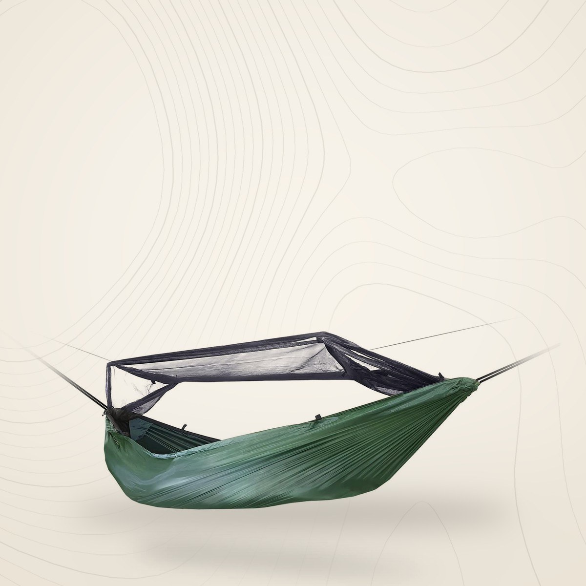 Hamac avec moustiquaire DD Hammocks Frontline vert olive, tendu, filet relevé sur ses barres, sur fond lin