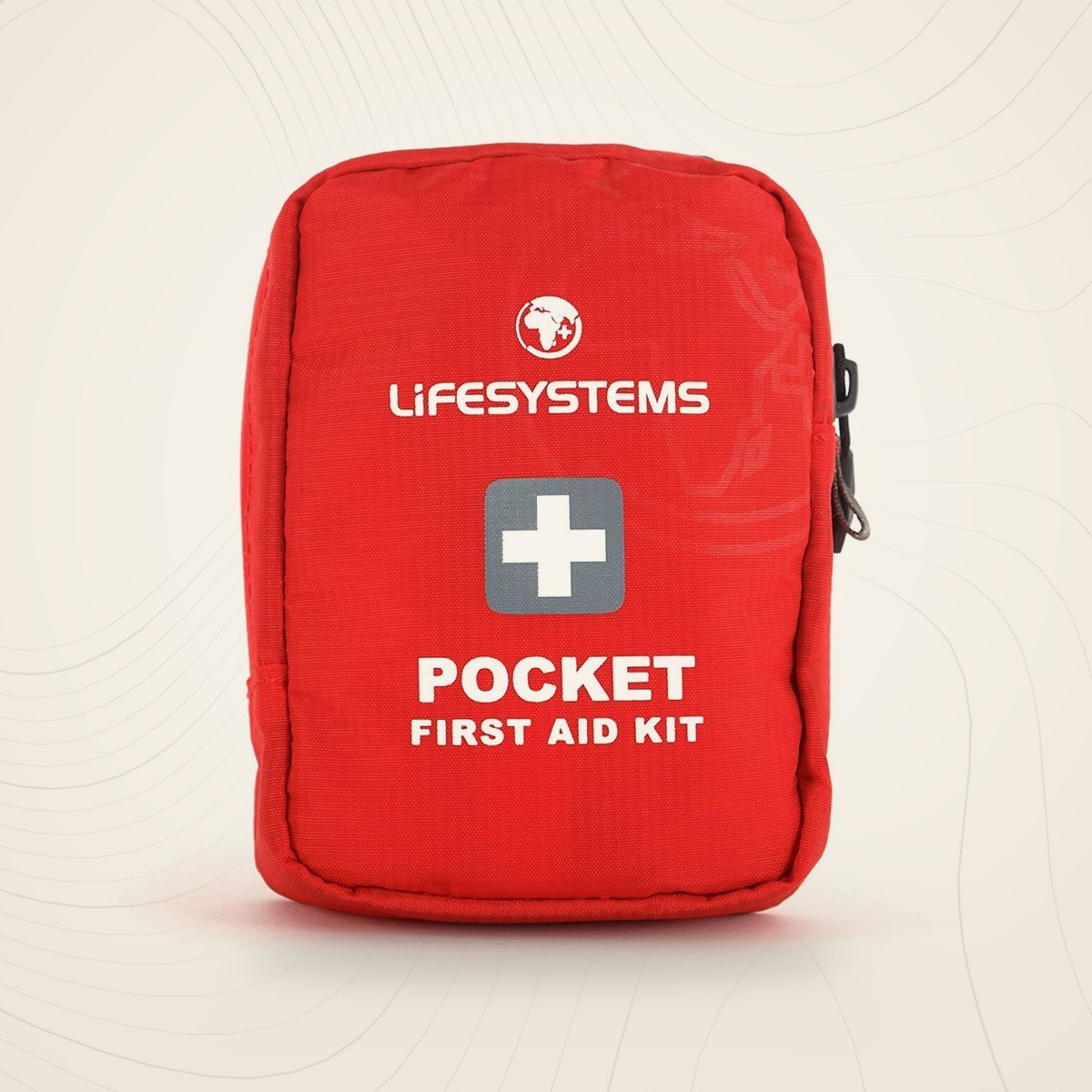 Trousse de premiers secours Lifesystems Pocket rouge à croix blanche, fermée par un zip, sur fond lin