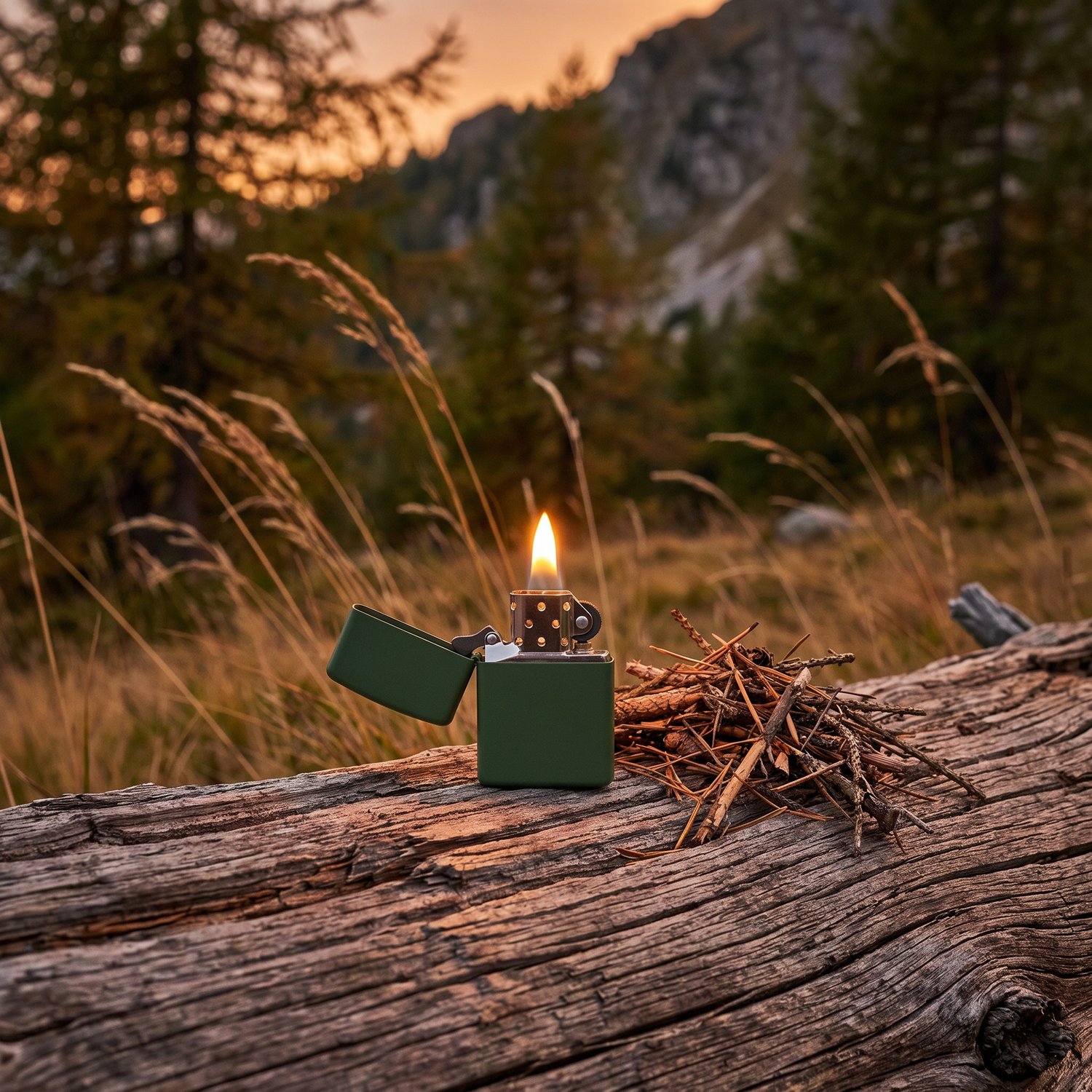 Briquet Zippo vert mat allumé sur un rondin de mélèze, au bivouac à la tombée du jour