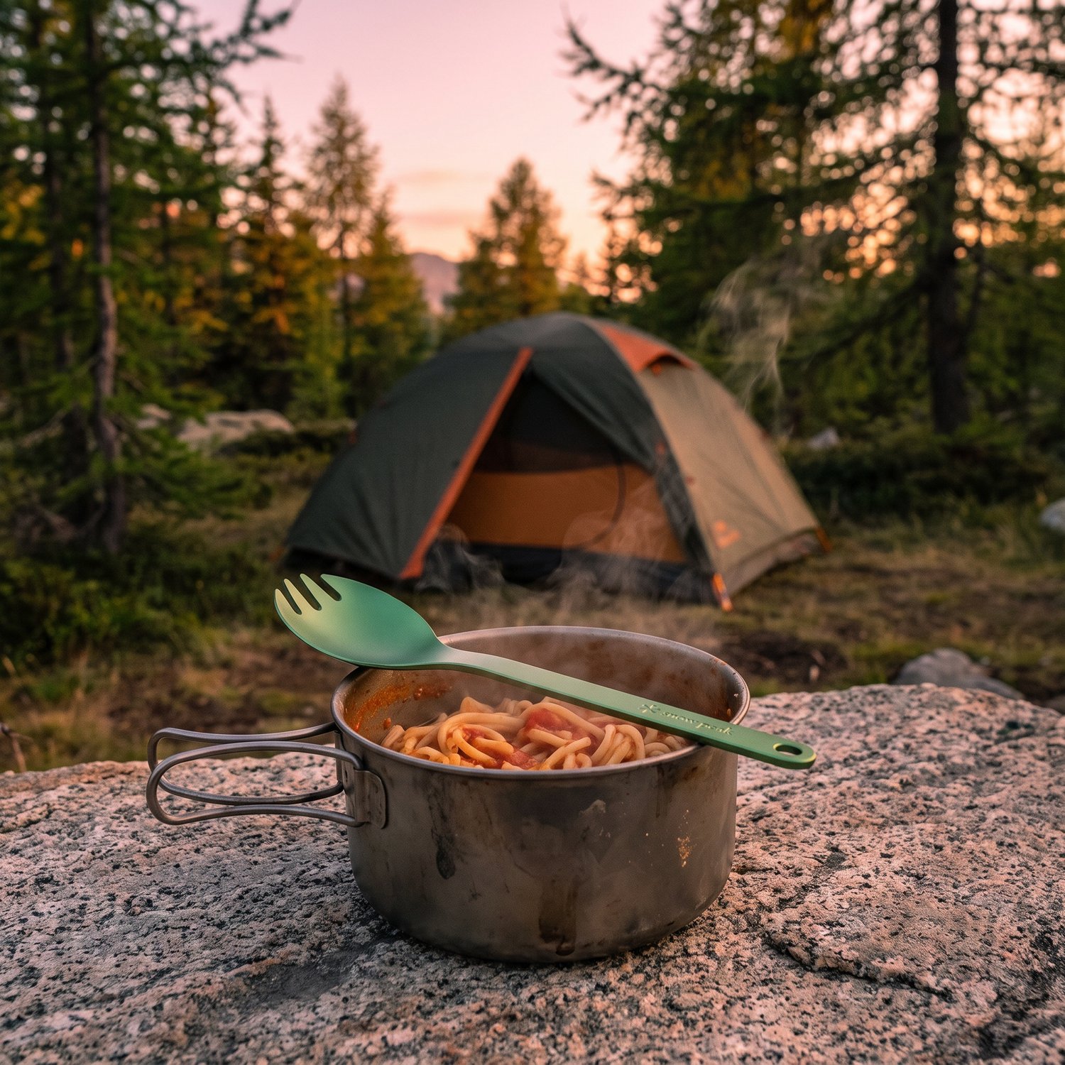 Spork Snow Peak vert posé sur une popote fumante, sur un rocher de granit au crépuscule