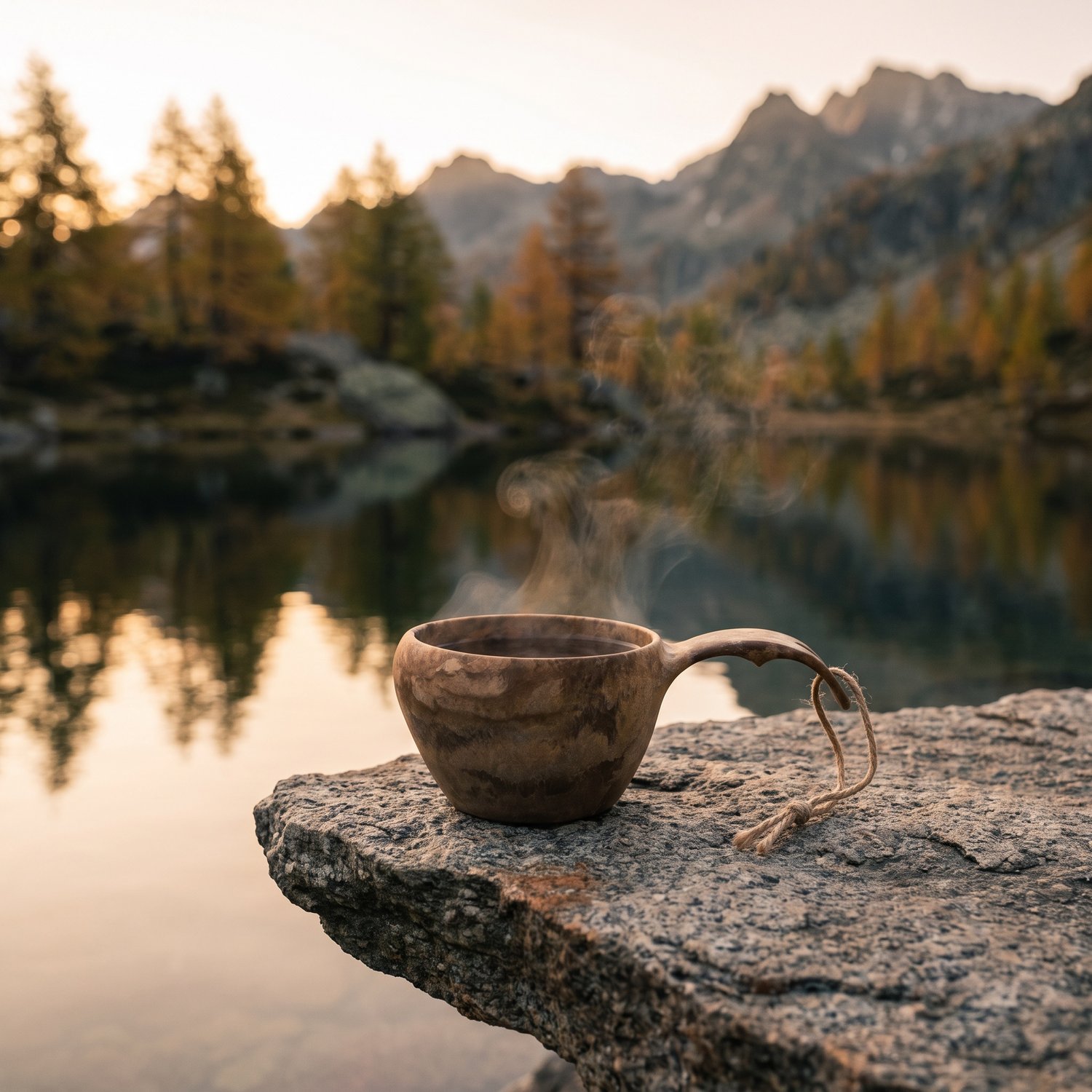 Kuksa Kupilka fumante sur une dalle de granit au bord dun lac daltitude, au lever du jour