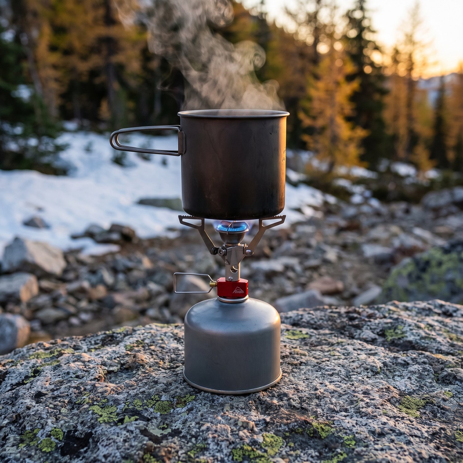 Réchaud MSR PocketRocket 2 allumé sous une popote fumante, sur un rocher de granit en montagne à laube