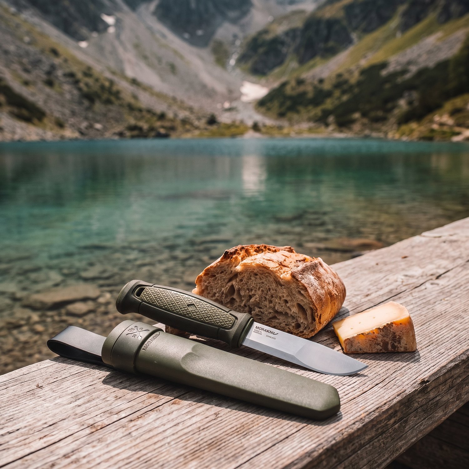 Couteau Morakniv Kansbol et son étui vert sur une planche au bord dun lac daltitude, près du pain et du fromage
