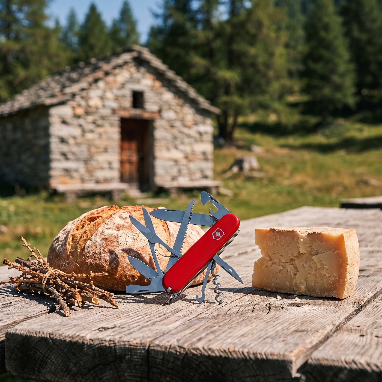 Couteau suisse Victorinox Huntsman ouvert sur une table en bois devant une bergerie, près du pain et du fromage