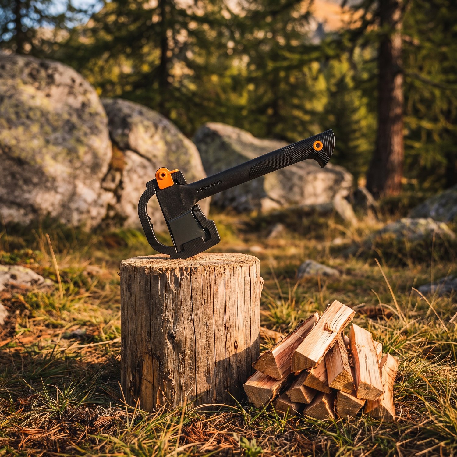 Hachette Fiskars Solid A6 dans son étui contre un billot de mélèze, près dune pile de petit bois fendu