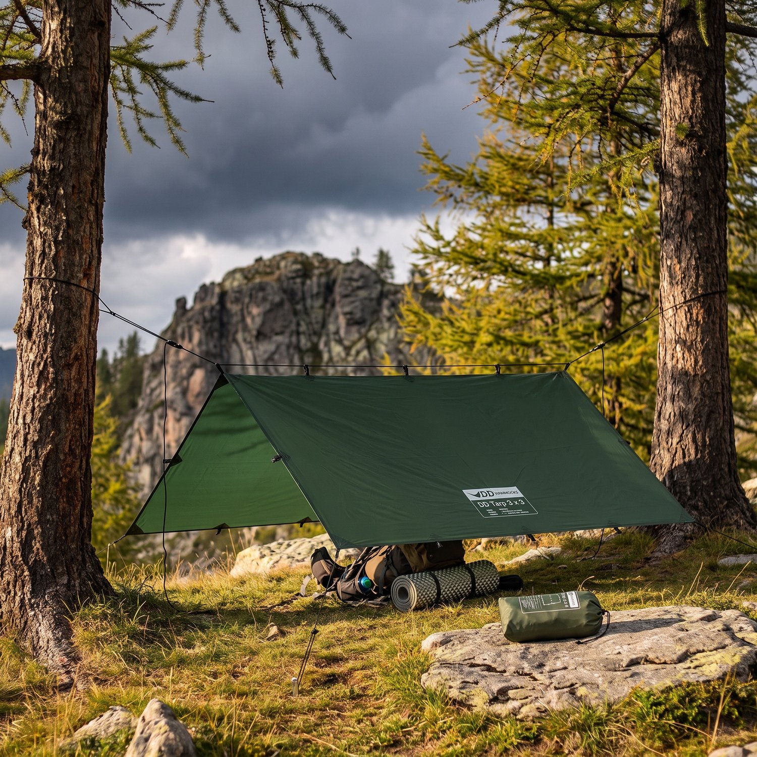 Tarp DD 3x3 monté en toit à deux pans entre deux mélèzes, sac à dos à labri, orage sur le col