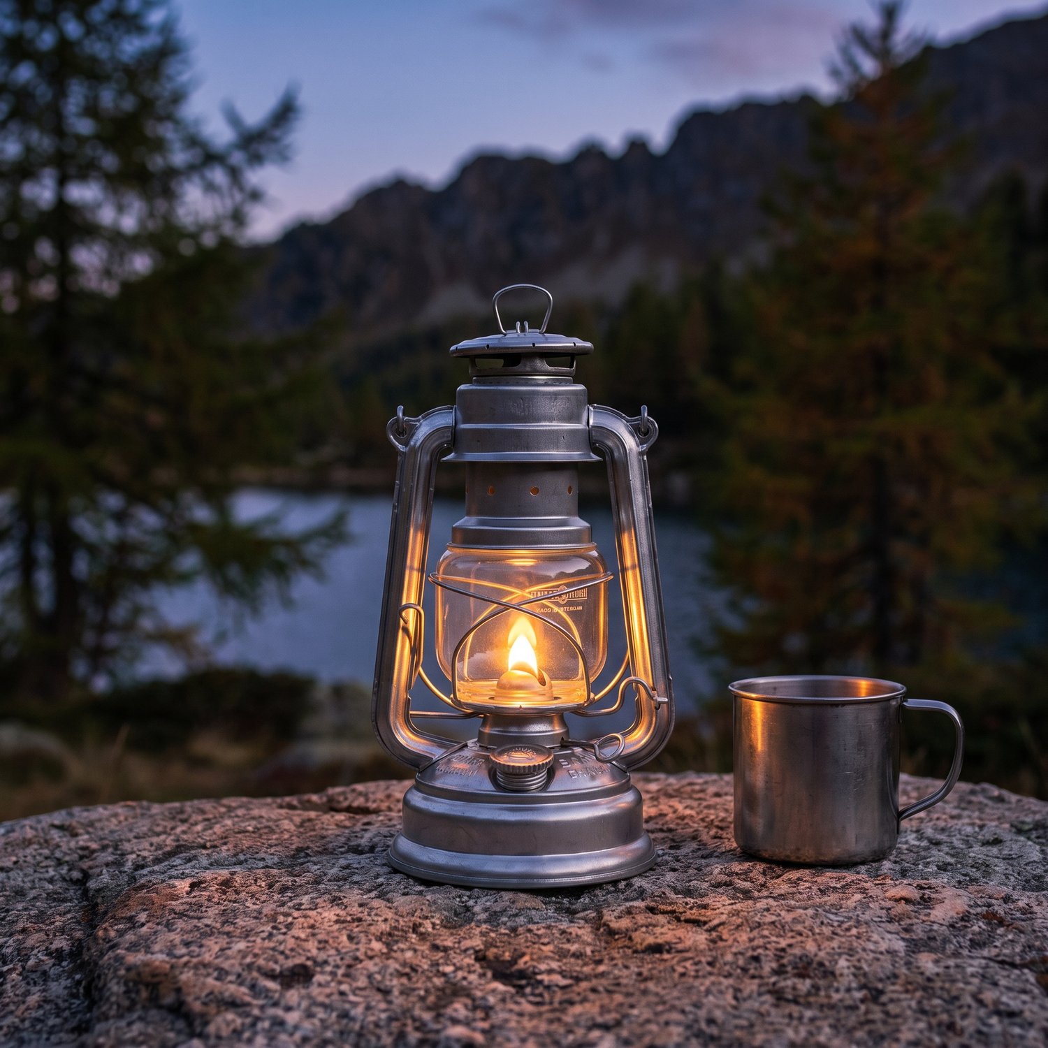 Lampe tempête Feuerhand allumée sur un rocher de granit au bord dun lac daltitude, à la nuit tombante