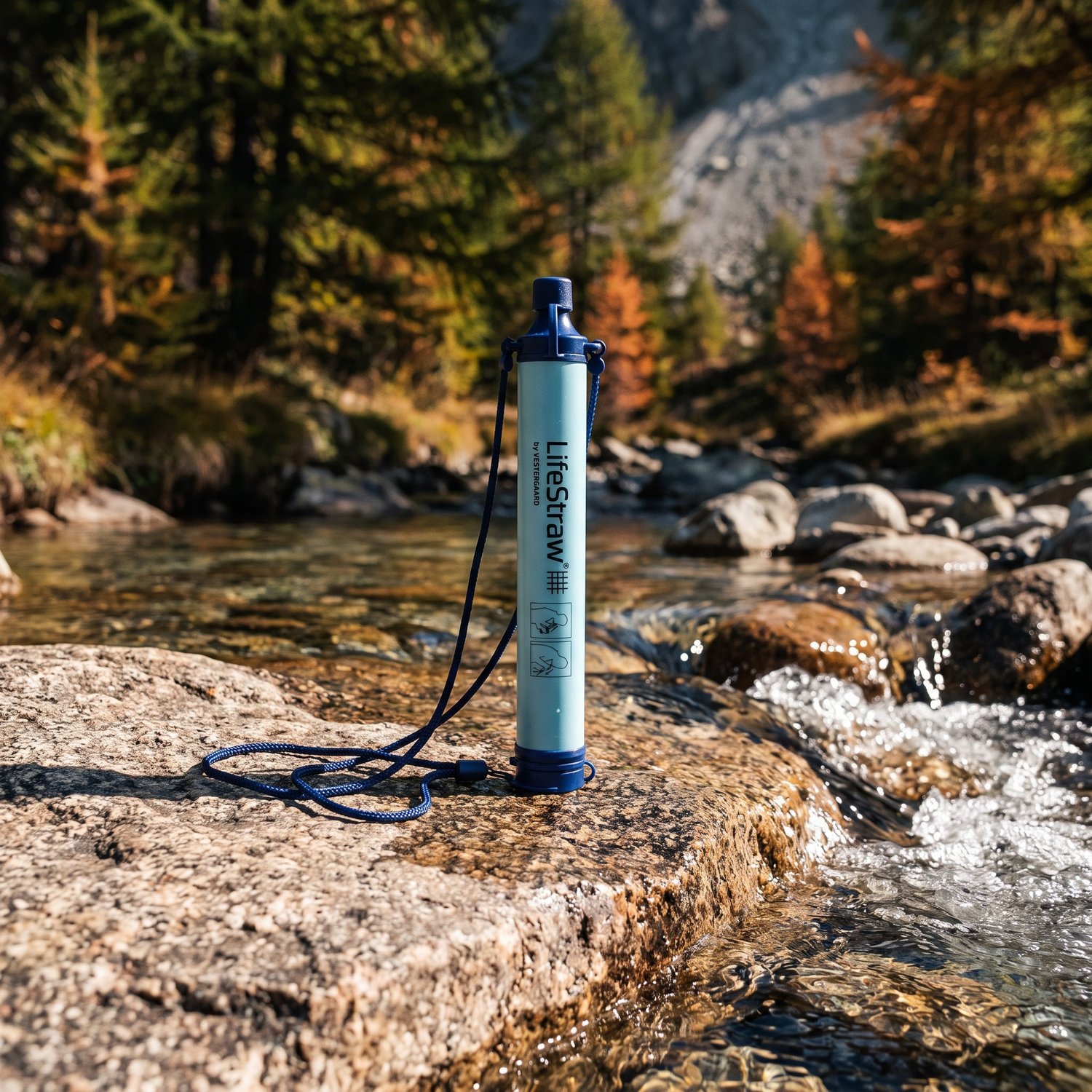 Paille filtrante LifeStraw posée sur un rocher de granit au bord dun torrent de montagne