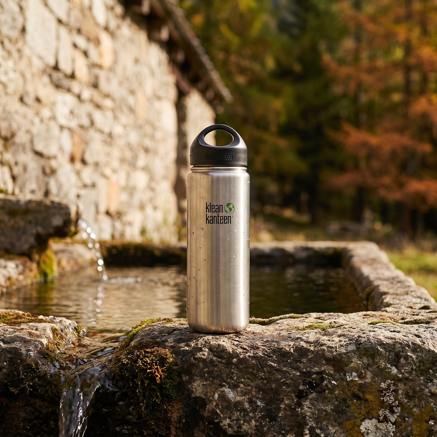 Gourde inox Klean Kanteen posée sur le rebord dun bassin de fontaine en pierre, près dune bergerie