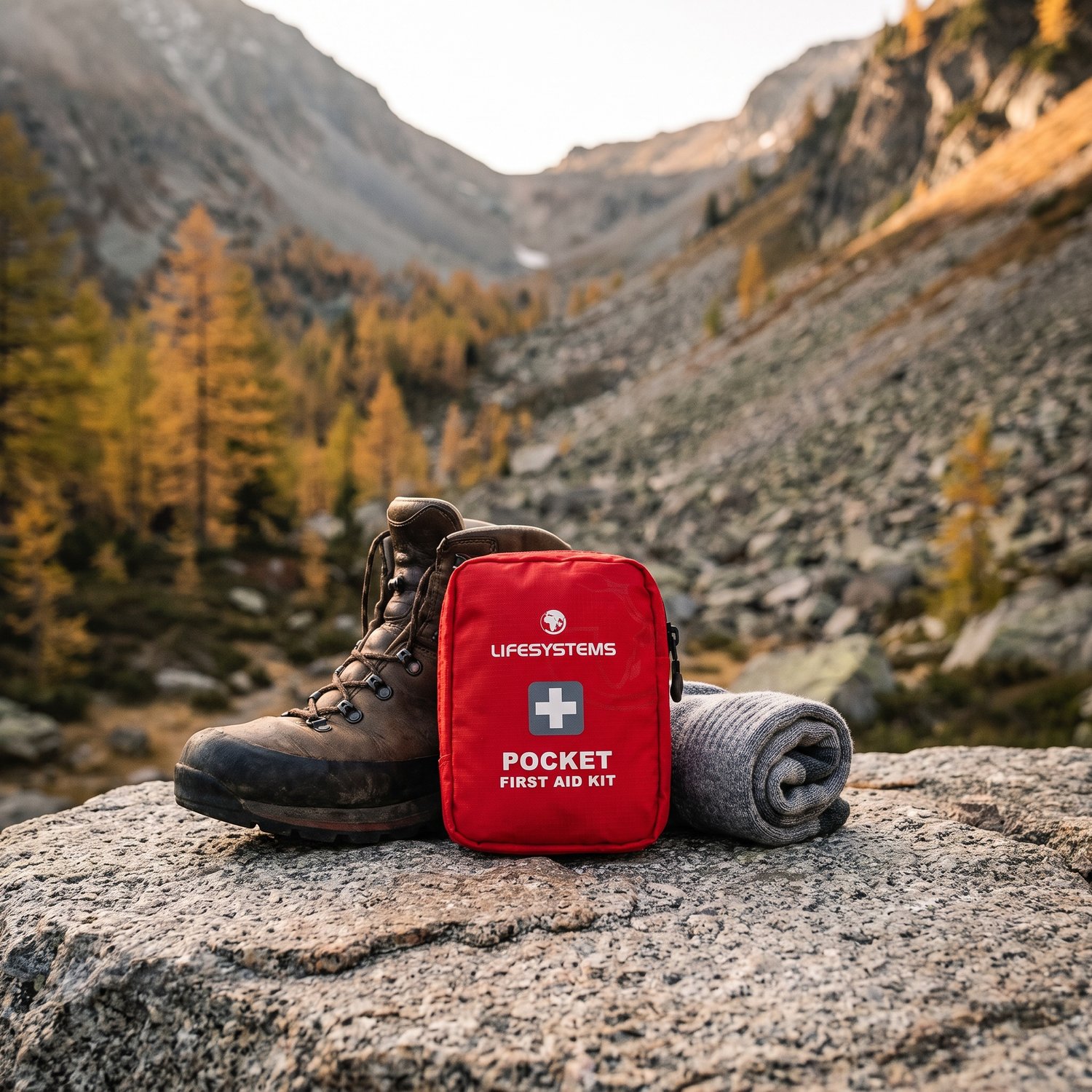 Trousse de secours Lifesystems posée sur un rocher près dune chaussure de randonnée, sous un col