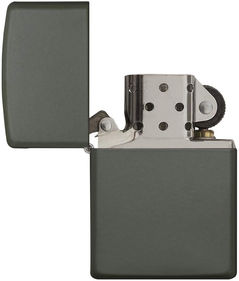 Briquet Zippo vert mat capot ouvert : cheminée percée, molette et insert chromé