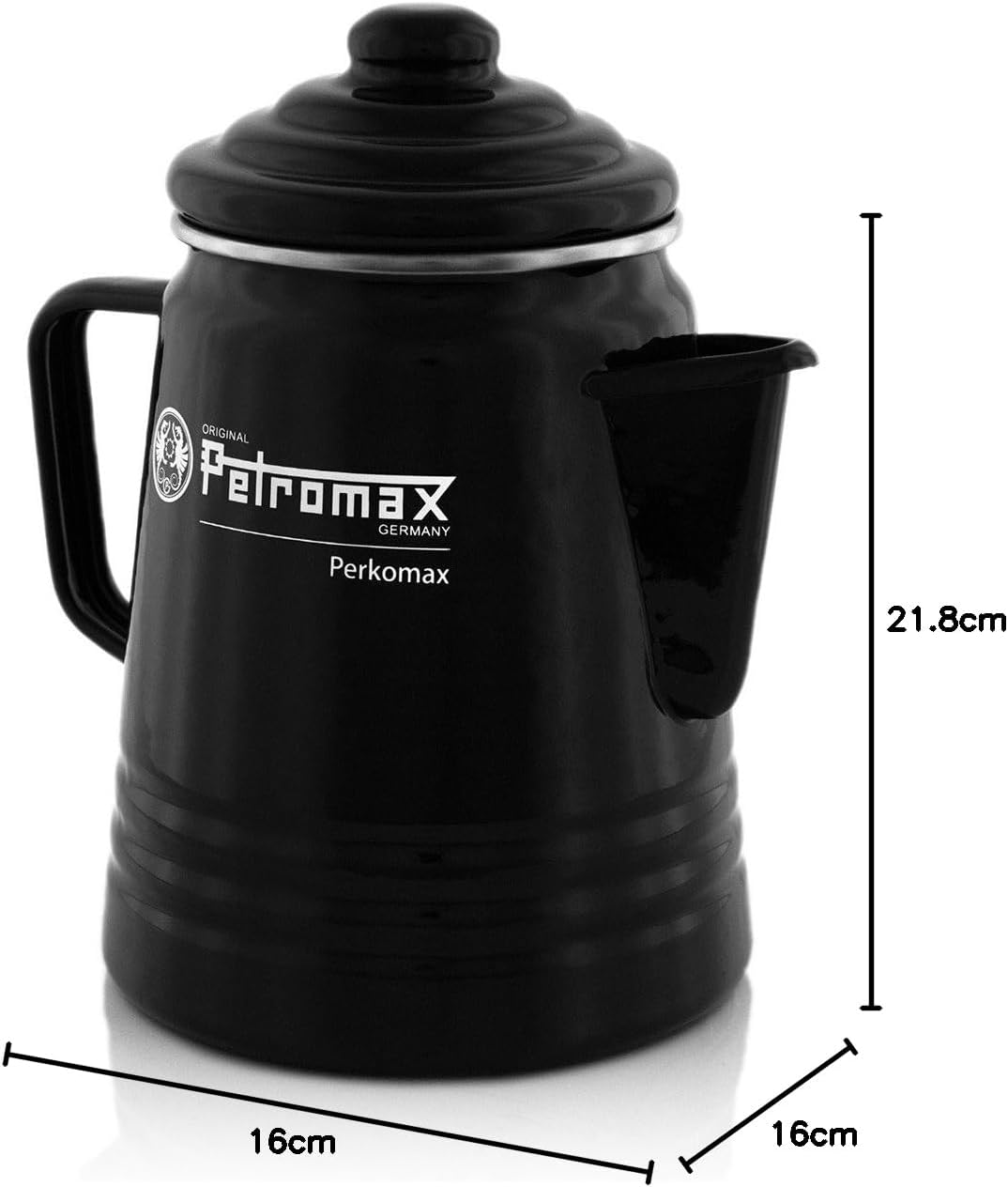 Percolateur Petromax noir et ses cotes : 21,8 cm de haut pour 16 cm de côté