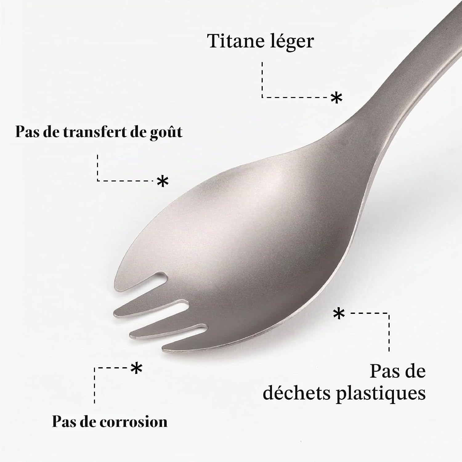 Tête dune cuillère-fourchette Snow Peak en titane brut : cuilleron et dents de fourchette