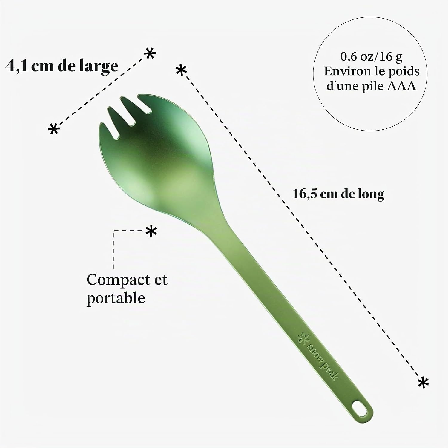 Spork Snow Peak vert et ses cotes : 16,5 cm de long, 4,1 cm de large, 16 g