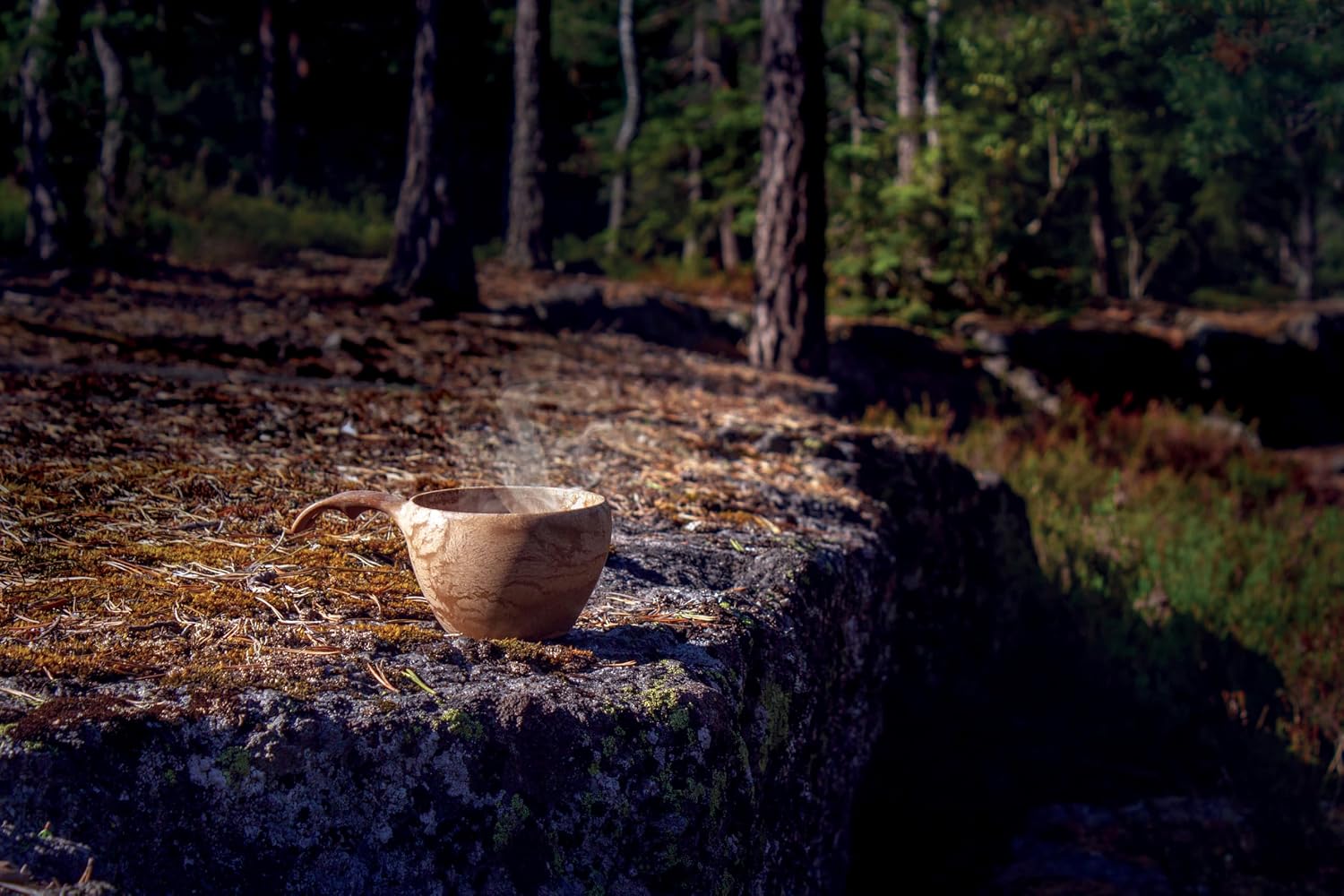 Kuksa Kupilka fumante posée sur un rocher moussu, en forêt au crépuscule