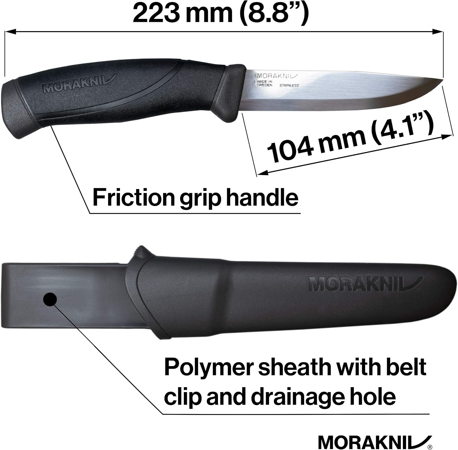 Schéma des cotes du Morakniv Companion : 223 mm au total, lame de 104 mm, étui à clip