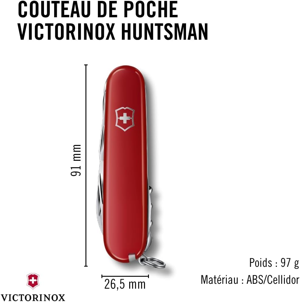 Cotes du Victorinox Huntsman fermé : 91 mm de long, 26,5 mm de large, 97 g