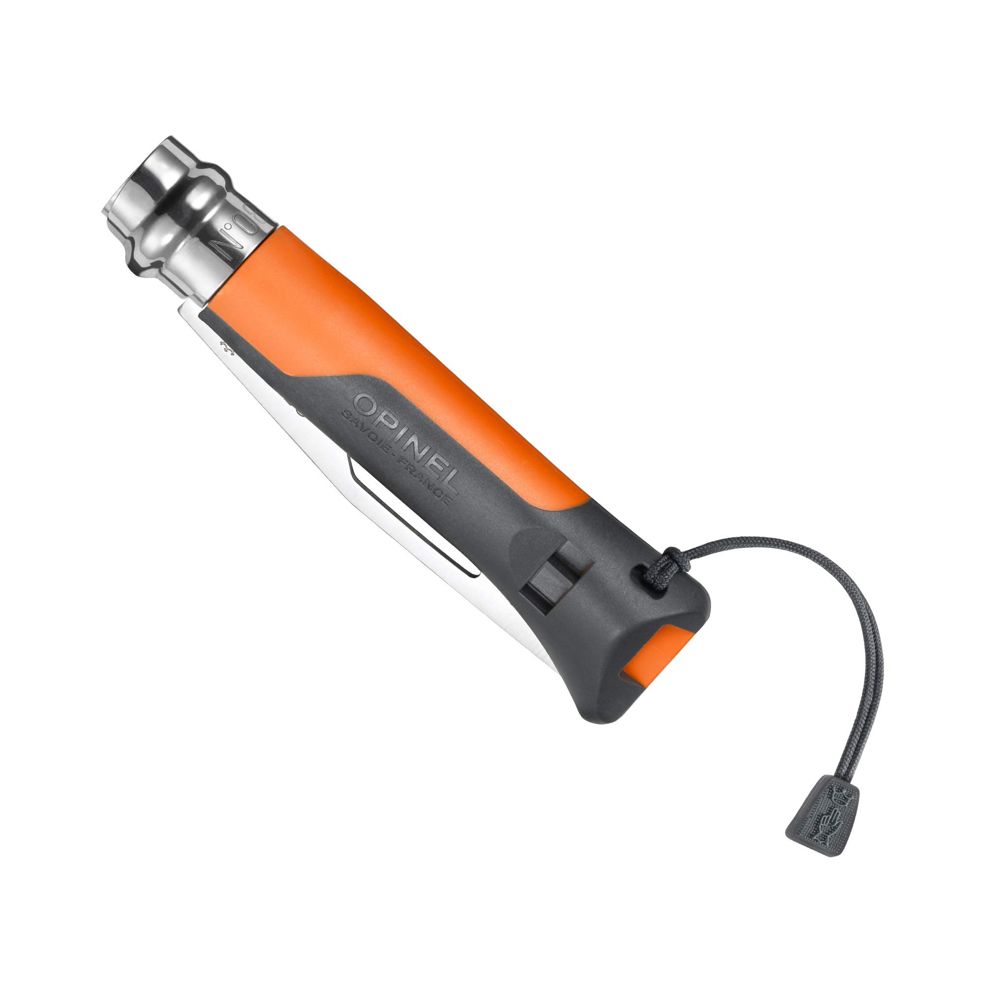 Opinel N°8 Outdoor fermé, sifflet dans le manche et cordon noir