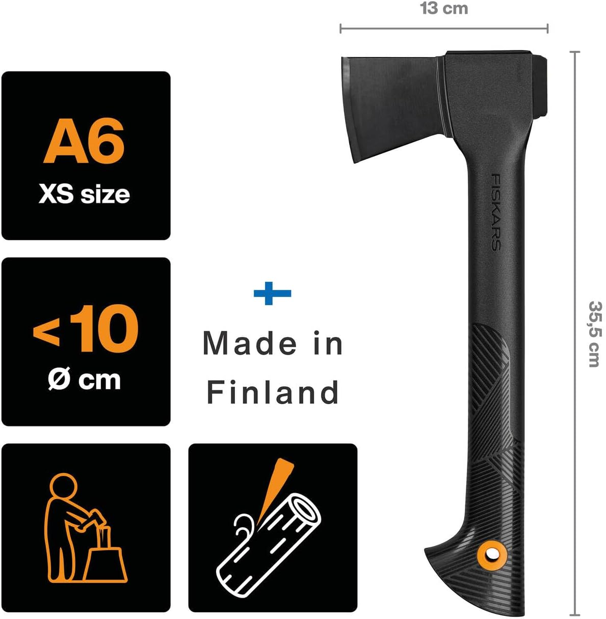 Schéma de la hachette Fiskars Solid A6 : 35,5 cm de long, tête de 13 cm, bois de moins de 10 cm