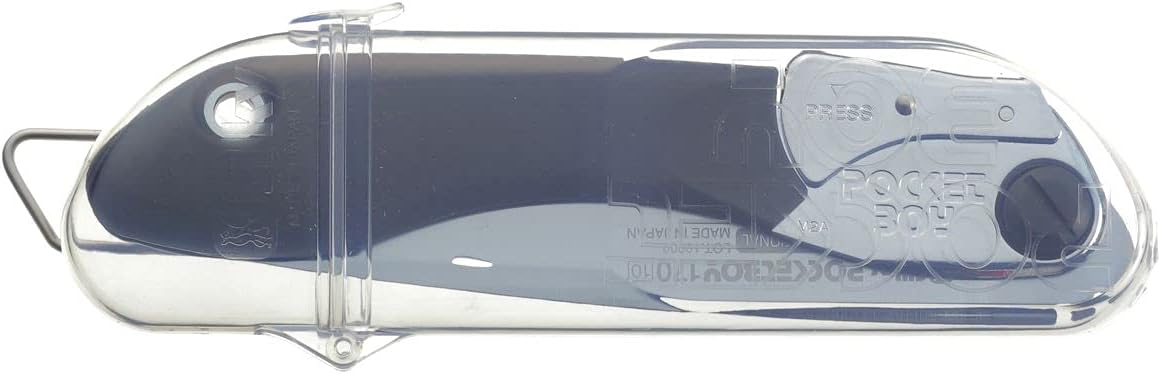 Scie Silky Pocketboy 170 rangée dans son étui en plastique transparent à clip de ceinture