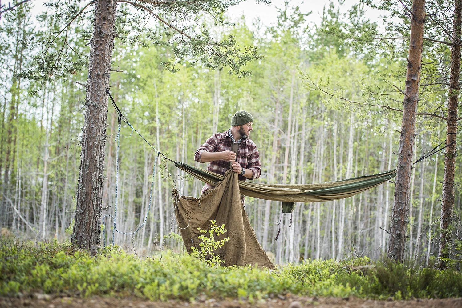 Swagman Roll installé en tour de hamac en forêt, coloris coyote