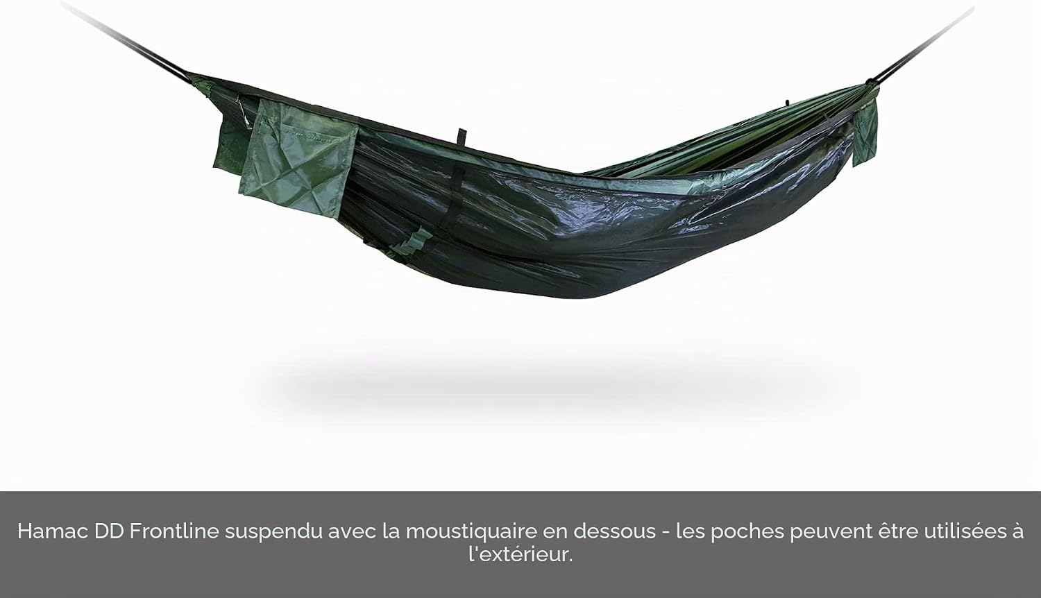 Hamac DD Frontline retourné, moustiquaire en dessous et poches accessibles de lextérieur