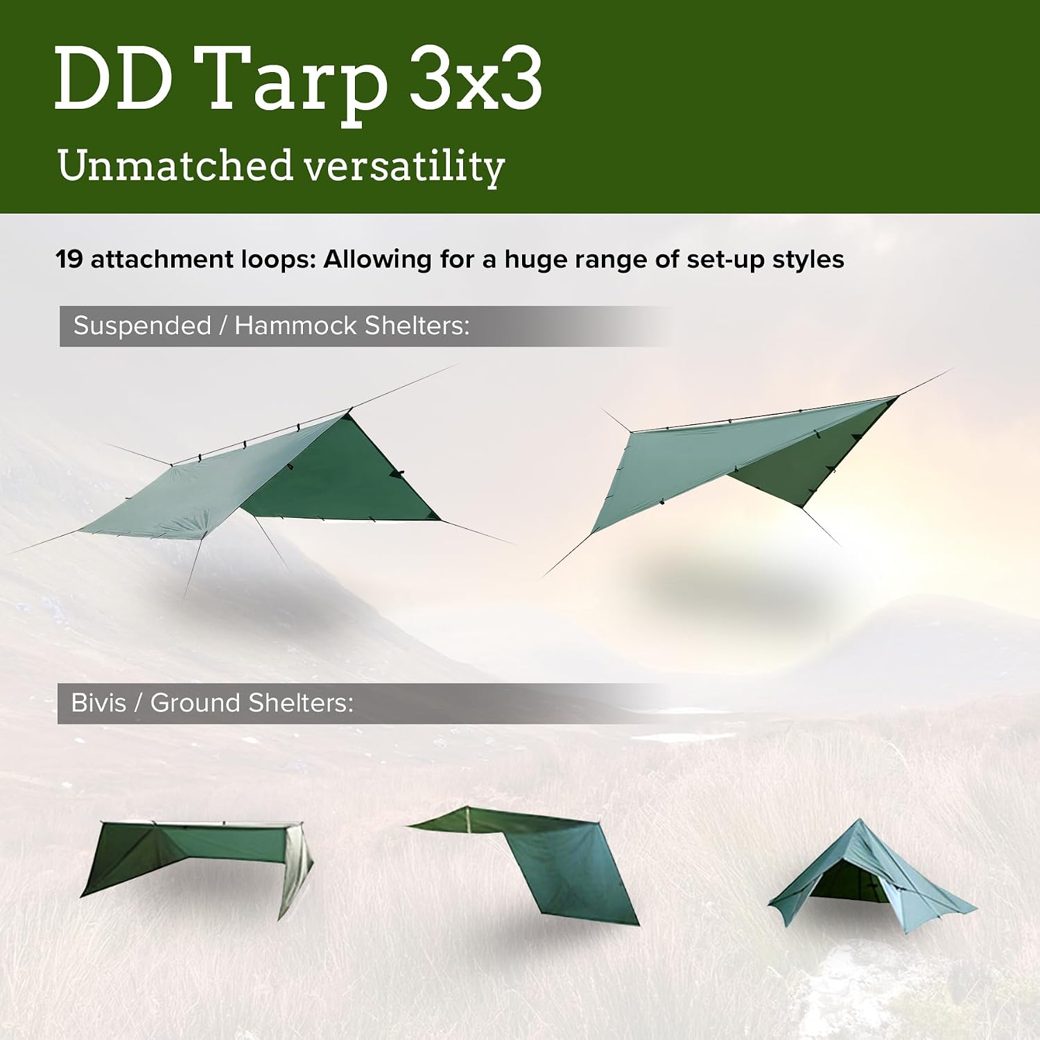 Cinq façons de monter le tarp DD 3x3 : au-dessus dun hamac, en appentis ou en abri bas au sol