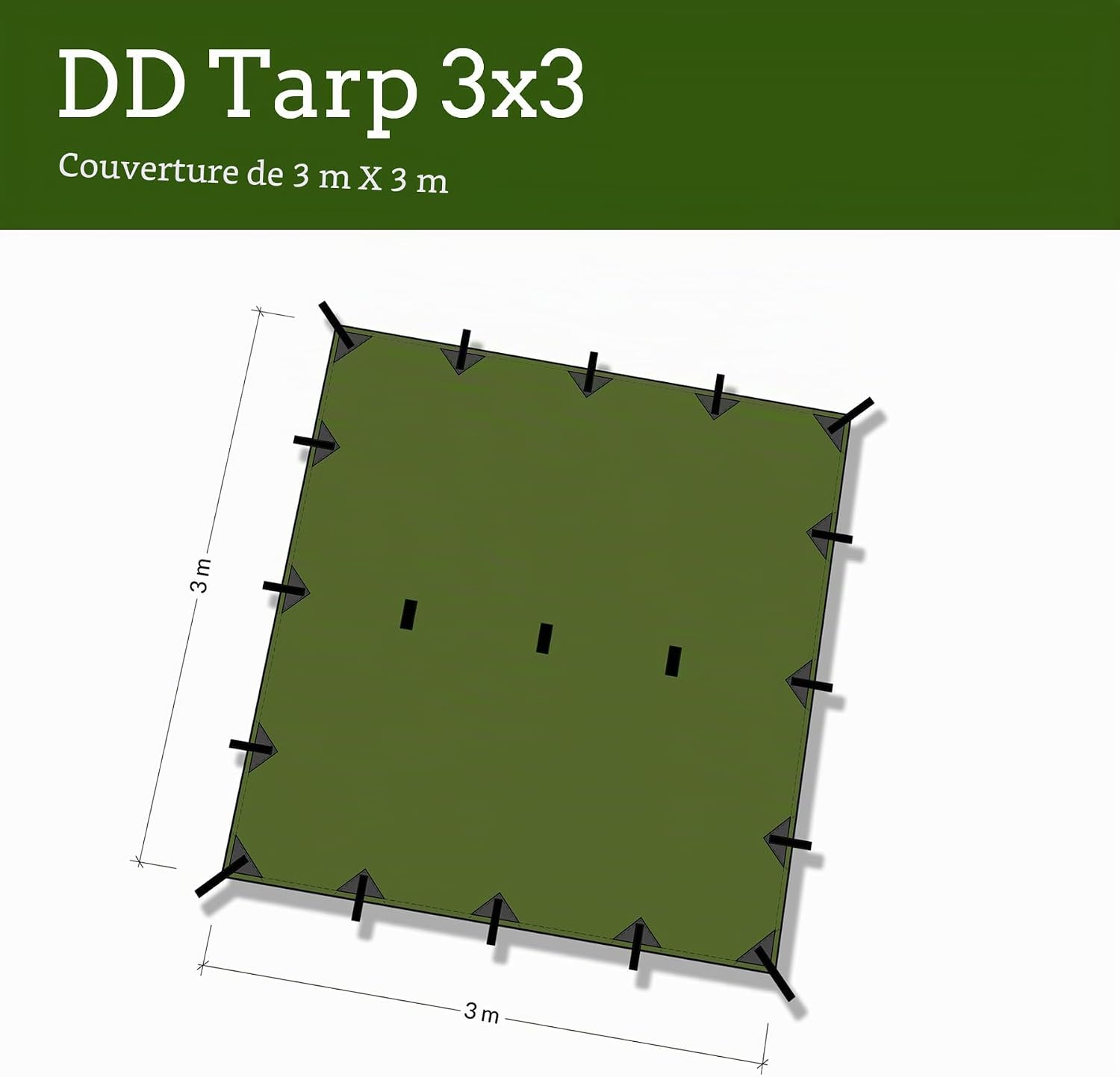 Schéma du tarp DD 3x3 : carré de 3 m sur 3 m, 16 points dancrage en bordure et 3 au centre