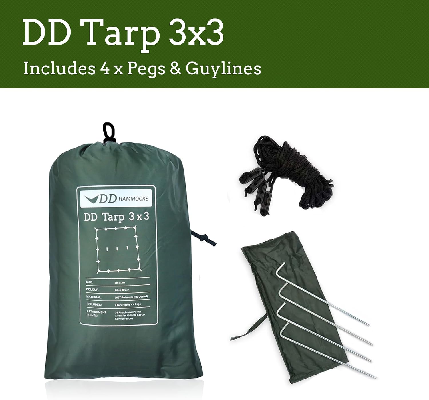 Contenu du tarp DD 3x3 : sac de rangement, quatre haubans et quatre piquets dans leur pochette