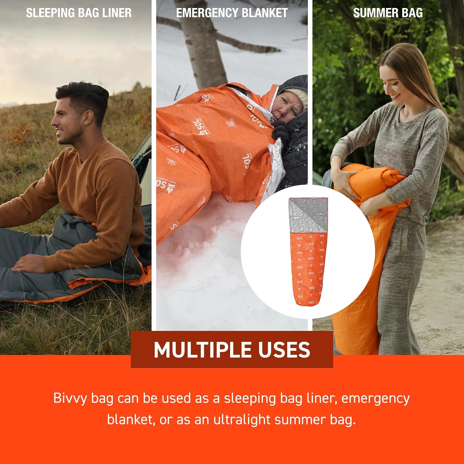 Usages du SOL Escape Lite : doublure de sac de couchage, abri durgence dans la neige, sac dété