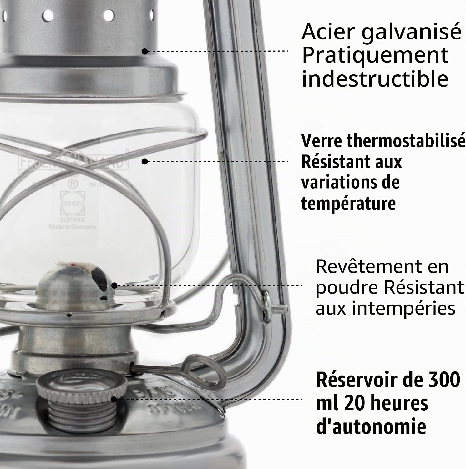 Détail de la lampe tempête Feuerhand galvanisée : verre Schott, porte-mèche et bouchon du réservoir