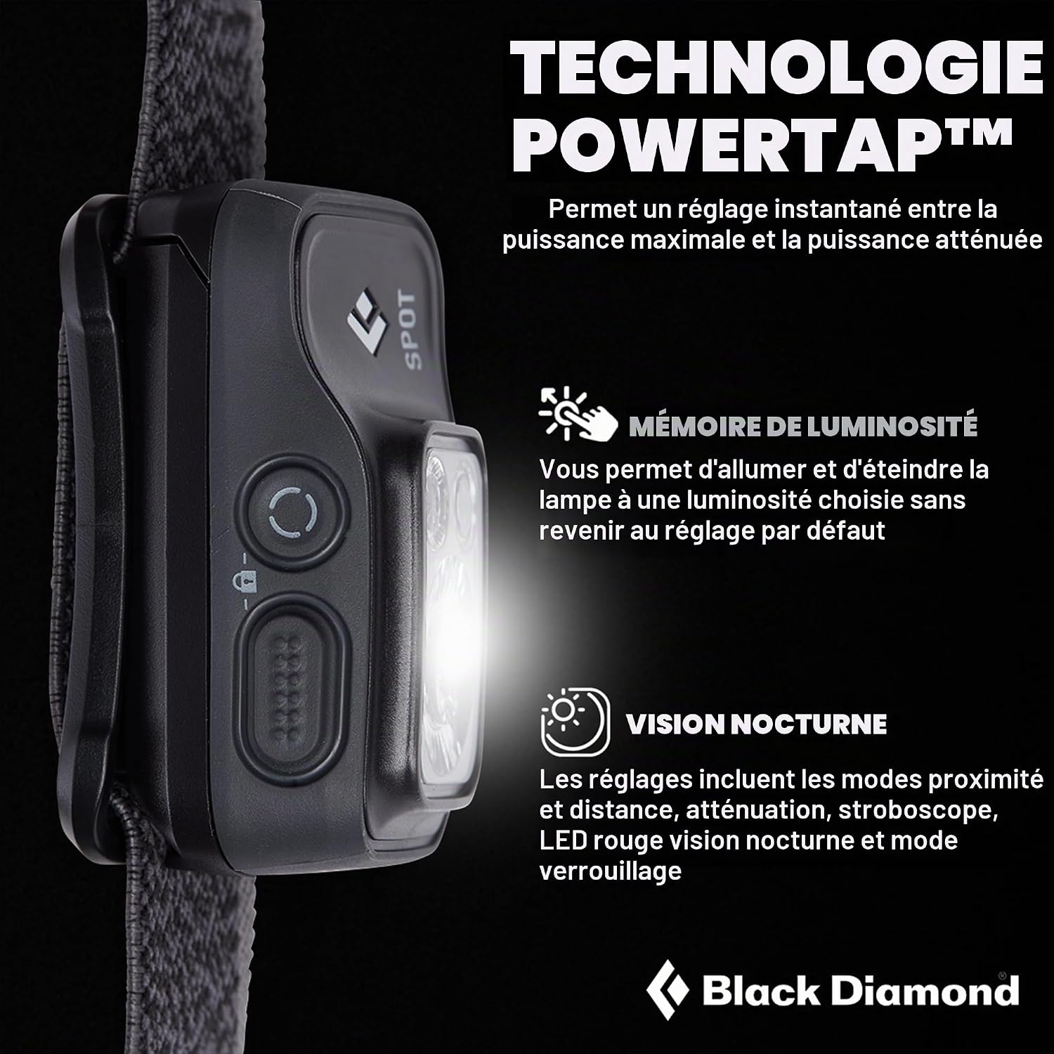 Boutons de la Black Diamond Spot 400 : fonction PowerTap, mémoire de luminosité et verrouillage