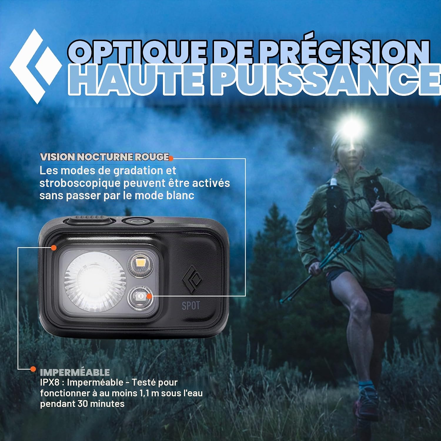 Face avant de la Black Diamond Spot 400 : LED principale, LED rouge et boîtier étanche IPX8