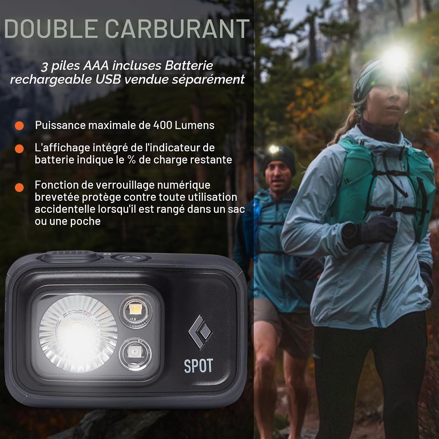 Black Diamond Spot 400 à piles AAA ou batterie BD 1500, portée par deux coureurs en forêt de nuit