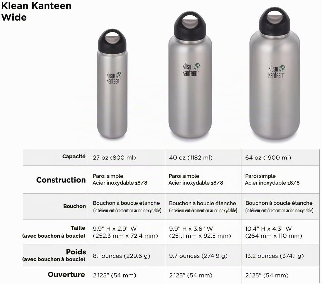 Tableau Klean Kanteen Wide : versions 800 ml, 1 182 ml et 1 900 ml, dimensions, poids et goulot de 54 mm