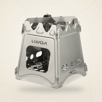 Réchaud à bois pliable Lixada en acier inoxydable, sur fond lin