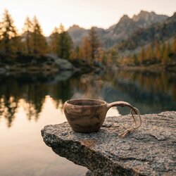 Kuksa Kupilka fumante sur une dalle de granit au bord d'un lac d'altitude, au lever du jour