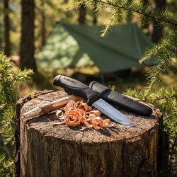 Couteau Morakniv Companion noir et son étui sur une souche de mélèze, parmi des copeaux, en milieu de matinée