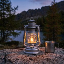Lampe tempête Feuerhand allumée sur un rocher de granit au bord d'un lac d'altitude, à la nuit tombante