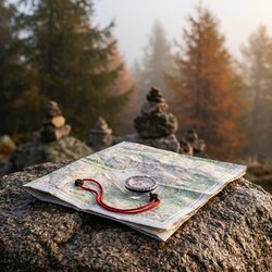 Boussole Suunto A-10 posée sur une carte dépliée sur un rocher, au col dans le brouillard du matin