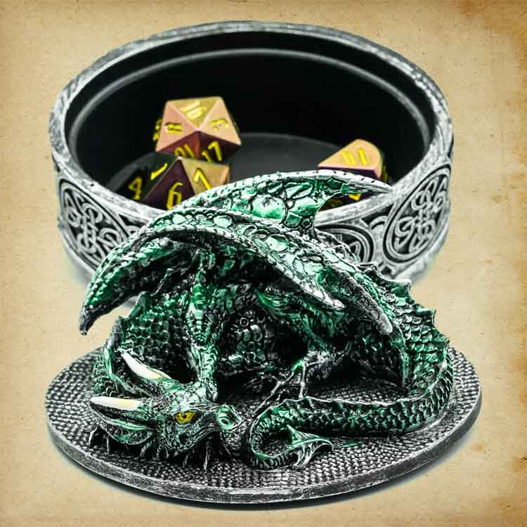 Boîte rangement dés dragon vert
