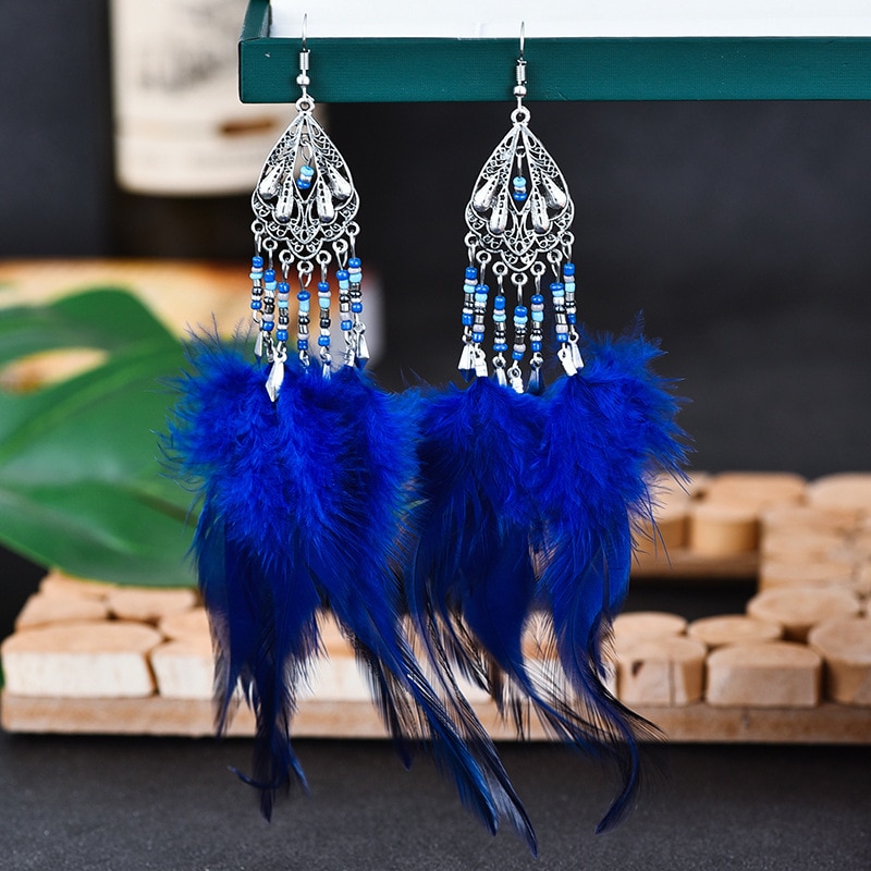 Boho-t-bleu-longues-plumes-boucles-d-oreilles-pour-femmes-Vintage-argent-couleur-fleur-perles-gland