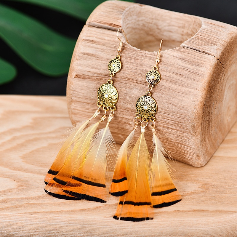 Boucles-d-oreilles-longues-en-plumes-Orange-pour-femmes-classiques-ethniques-fleur-en-or-pendantes-t