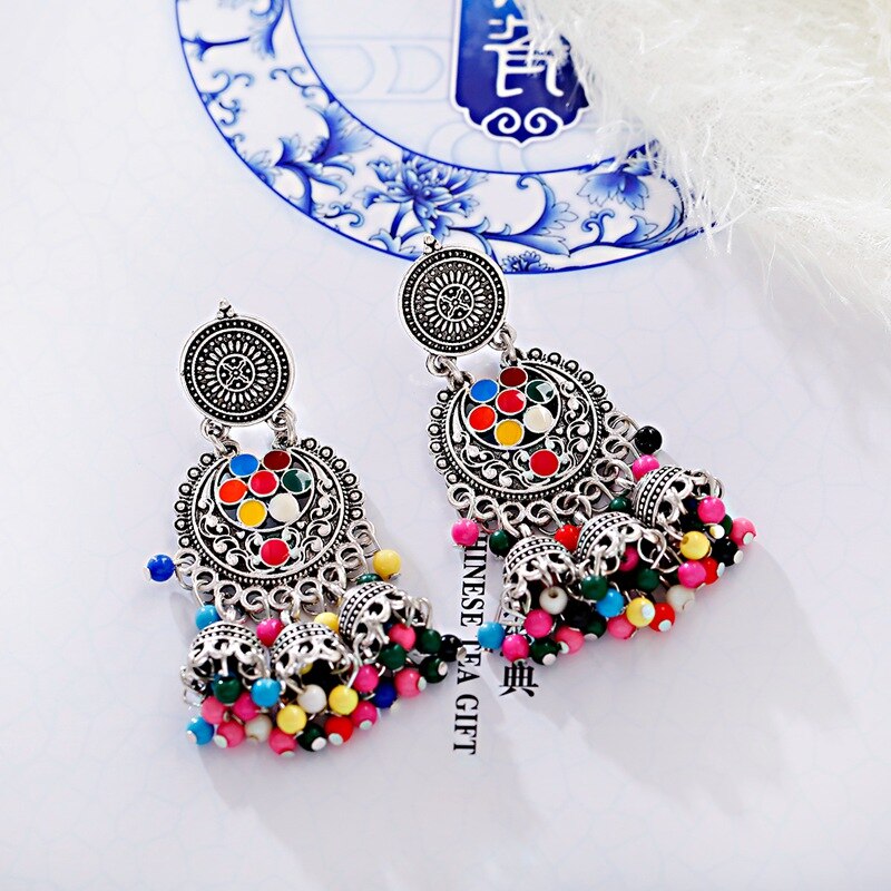 Boucles-d-oreilles-r-tro-pampilles-pour-femmes-indiennes-ethniques-cloche-or-multicolore-pompon-perles-ajour